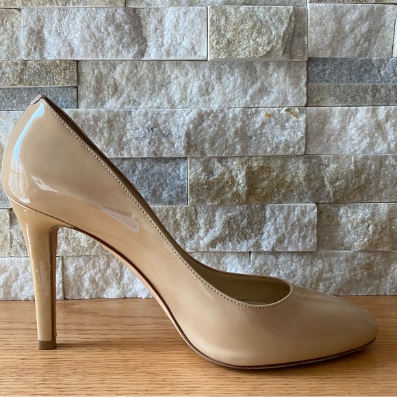 Nude Patent Leather Tapered Round Toe Vikki Pumps - Picture 5 of 13
